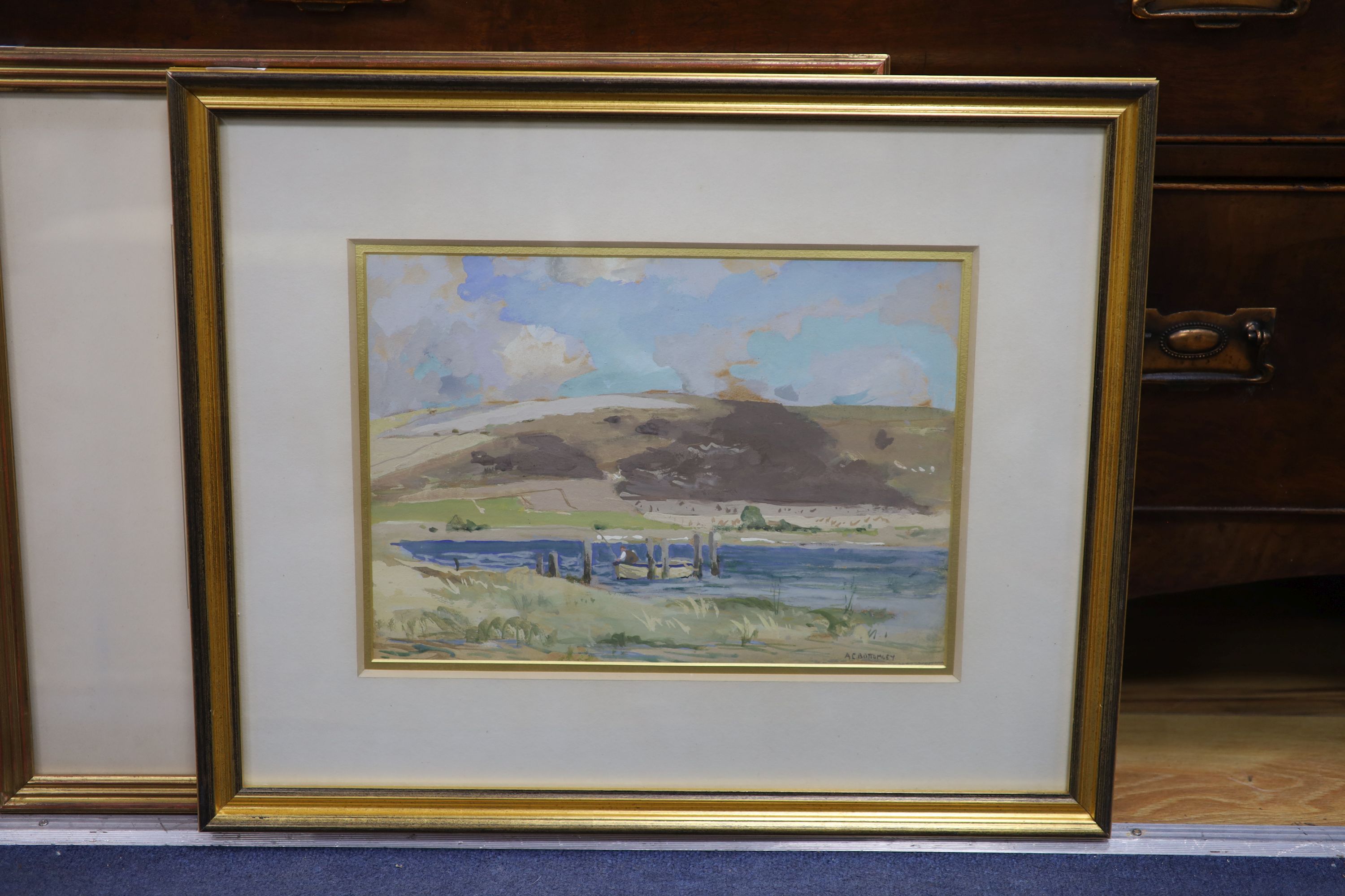 Albert Ernest Bottomley (1873-1950), gouache, Anglers on a loch in a landscape, signed, 24 x 34cm